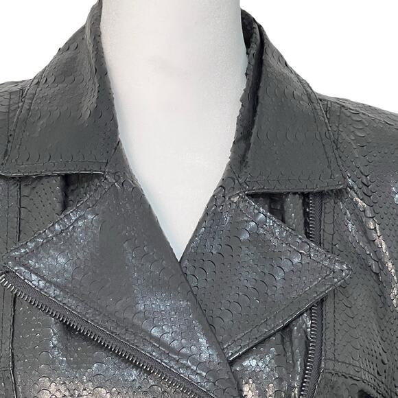 Alice + Olivia Lamb Leather Python Moto Jacket Black Asymmetrical Zip Pockets M - Picture 3 of 16